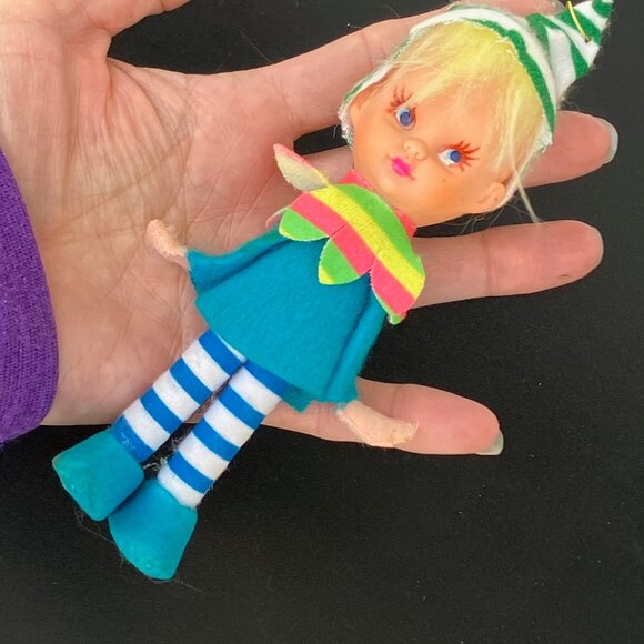 Napco Japan Mod Stripe Pixie Blue Eyed Girl Elf Christmas Ornament - Picture 11 of 13